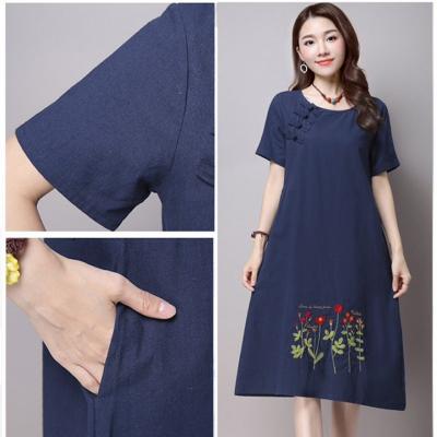 ĐẦM JEAN SUÔNG FORM A ĐÍNH NÚT TÀU THÊU HOA - NJ943